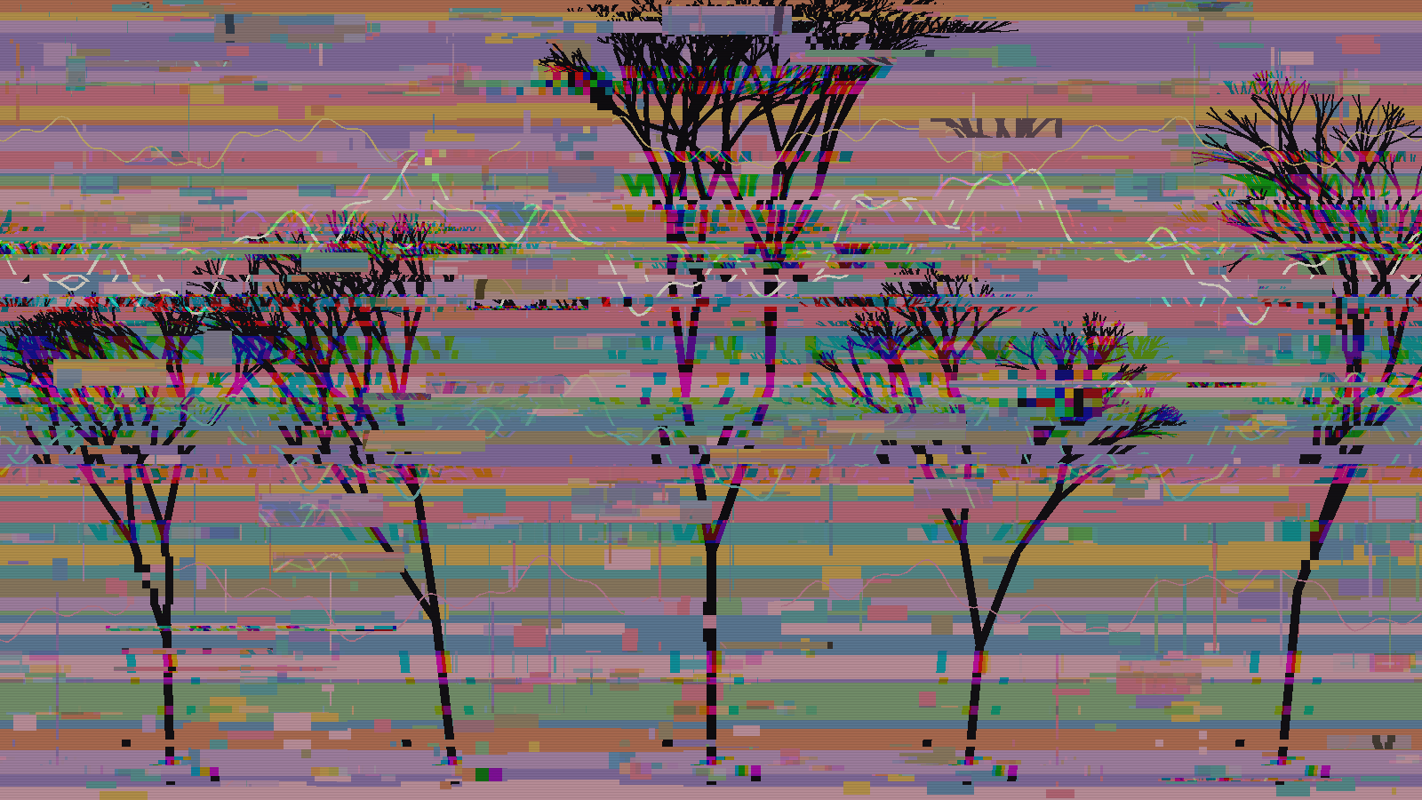 Colorful glitch-art visual with branching rhythm-tree shapes and warped contour lines